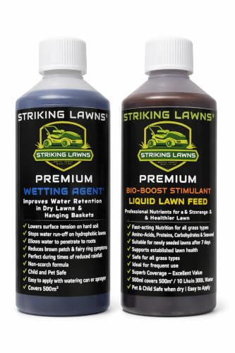 STRIKING LAWNS Premium Lawn Wetting Agent + BioBoost Lawn Feed Bundle Hydrates Dry Soil & Enhances Nutrient Uptake (500m Bundle)