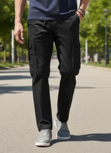 Image of Men's Cotton Cargo Pants | Stylish Casual Trousers for Men | Relaxed Fit Multi Pocket Cargo Trousers | Drawstring Waist Pant | Comfortable Lower for Men