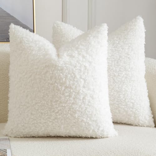 Image of YAERTUN Pack of 2 Faux Fur Cushion Covers Decorative Sherpa Boucle Throw Pillow Covers Fuzzy Soft Sheepskin Fleece Pillowcases for Couch Sofa Bed Living Room 16x16 Inch 40x40cm Cream White