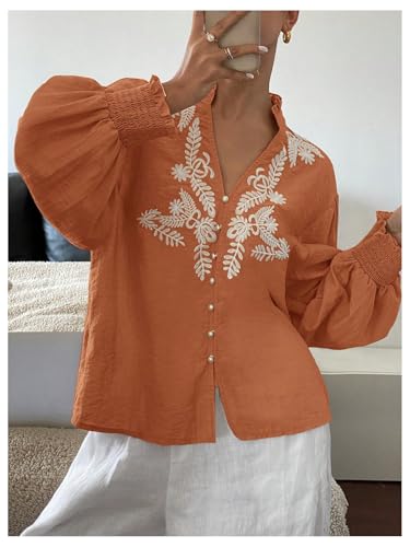SHENHE Women's Embroidered Linen Shirts Button Up Bishop Sleeve V Neck Boho Blouse3