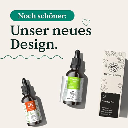 NATURE LOVE® Vitamin B12 Tropfen Vegan (900 Tropfen, 50ml flüssig). B12 duo-aktiv: Methyl- & Adenosylcobalamin. Hoch bioverfügbar, laborgeprüft, ohne Zusätze, in Deutschland produziert