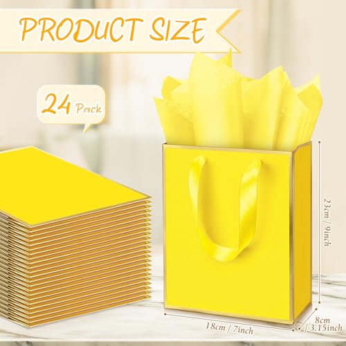 Image of Yeaqee 24 Pack Metallic Paper Gift Bags, Yellow, Gold | with Satin Ribbon Handle and Tissue, 9x7x3.1 Inch, Suit Business, Birthday, Christmas, Thank You Return Gifts Bags