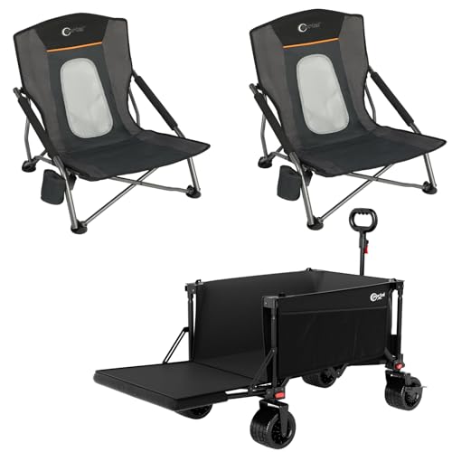 2 Pack of Mesh Beach Chairs + 1 Beach Wagon with Tailgate for Sand, Camping, Lawn, Sports, Garden, Outdoors