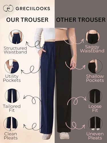 Image of GRECIILOOKS Trousers for Woman | Womens High Rise High Waist Flared Korean Style | Formal Pant for Women Office Wear| Track Pants for Womans Elegant for College & Events (Available in Plus Size)