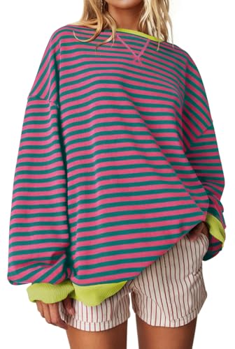 UEU Oversized Sweatshirts for Women Casual Comfy Pullover Tops Long Sleeve Crewneck Y2K Shirt Pink Green Striped Large