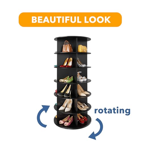 SpaceAid 6 Tier Rotating Shoe Rack Tower, Spinning Shoe Display Lazy Susan, Revolving 360 Shoe Rack Storage Round Carousel, Vertical Handbag Rotate Shoes Closet Organization (6-Tier Black)