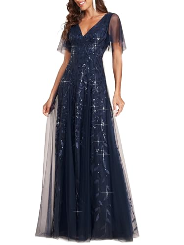 Ever-Pretty Women's Sequin Formal Dress Sparkly V-Neck Short Sleeve A-Line Floor Length Prom Evening Gown Navy Blue US16