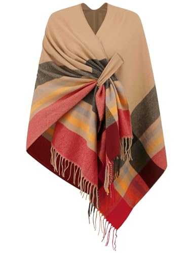 Women's Tassel Ruana Poncho Shawl Cardigan Sweater Open Front Boho Pashmina Knitted Plaid Wrap Cape Cloak