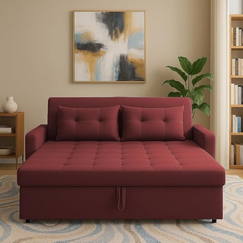 Image of Emilio 2 Seater Pull-Out Sofa Cum Bed | Premium Fabric Convertible Sleeper Sofa Set Space Saving for Living Room Office Home Guests Daily Use | 1 Year Warranty | Maroon Colour Fabric Sofa