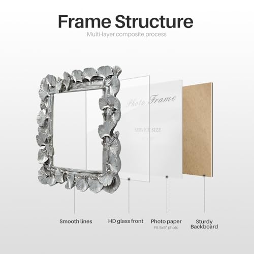 Vintage Silver 5x5 Picture Frame, Silver Frames Ornate Leaf Textured Hand-Crafted Resin with Glass Front, Antique Photo Frame for Tabletop Display, Retro Home Decor