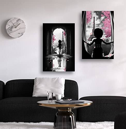 African American Wall Art Black Girl Pink Flowers Canvas Prints Modern Black And White Wall Art Fashion Paris Decoration Pictures Painting Framed Artwork Home Decor For Bedroom Bathroom 16X24Inch #TOP3