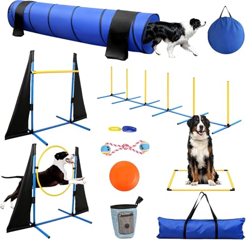 POPMOON Dog Agility Equipment Dog Agility Course Backyard Set-Professional Backyard Course with Adjustable Jumps Collapsible Tunnel Storage Bags&Toys