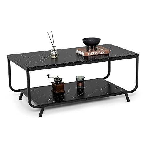 LIFEZEAL Couchtisch Marmor Optik, Schwarz Wohnzimmertisch mit großer Tischplatte und Stauraum, Rechteckiger Sofatisch Kaffeetisch Beistelltisch mit Metallrahmen, 105x55x46,5cm Cover