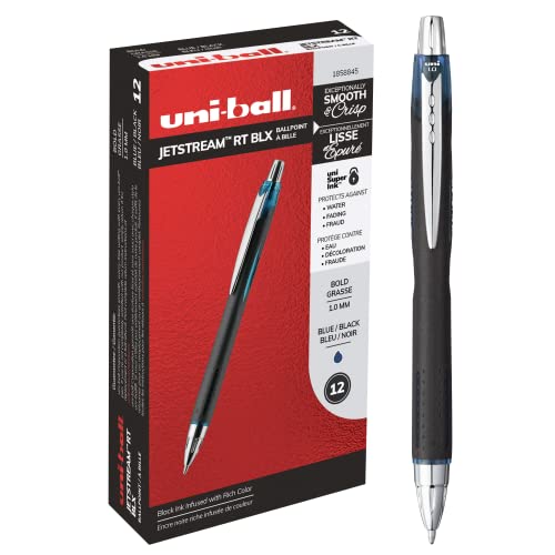 Image of Uni-Ball Jetstream RT BLX 12 Pack, 1.0mm Medium Blue /Black, Wirecutter Best Pen, Ballpoint Pens, Ballpoint Ink Pens | Office Supplies, Ballpoint Pen, Colored Pens, Fine Point, Smooth Writing Pens