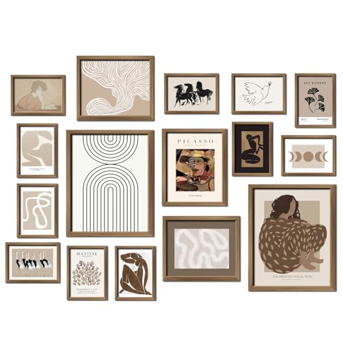 ANERZA 16 PCS Boho Eclectic Wall Art Decor, Abstract Gallery Wall Collage Kit Prints for Bedroom Bathroom, Minimalist Posters for Living Room Aesthetic, Beige and Brown Dorm Home Decor