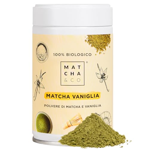 Matcha & CO | Tè Matcha lla Vaniglia (80g) | Tè Verde in Polvere Giapponese al Gusto Vaniglia | Tè Verde in Polvere | Senza Edulcoranti, Zuccheri né OGM