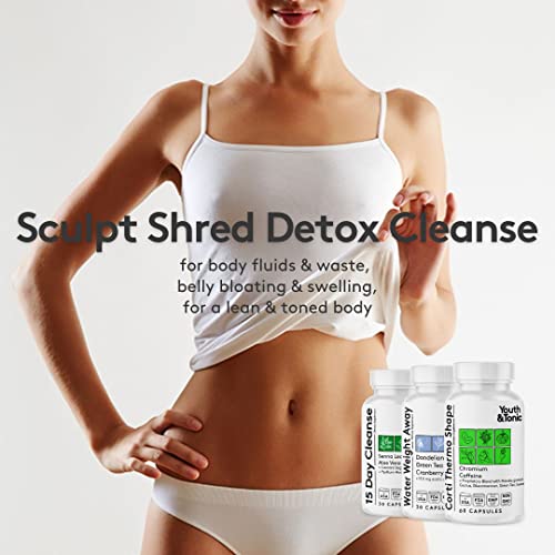 Sculpt Shred Cleanse Detox As 3X Action Diet Pills For Puffiness Belly Bloating & Loss Of Waste, Energy & Metabolism With Corti-Thermo Shape + Water Pills + 15 Day Colon Cleanser | 120 Capsules #TOP1