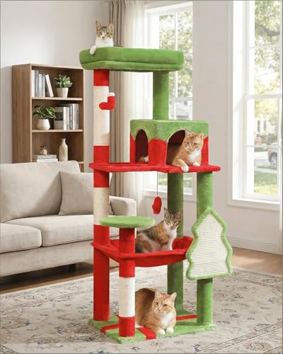 Image of MUTTROS Cat Christmas Tree for Indoor Cats - 56.3 inch Cat Proof Christmas Tree Tower with Large Hammock, 3 Scratching Posts & 3 Christmas Toy Balls - Holiday Cat Tree with Festive Decor, Christmas Red
