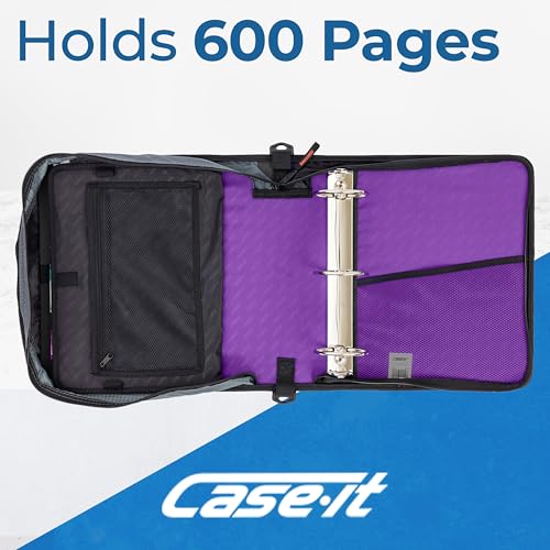 Case-it Mighty Zip Tab School Zipper Binder | 3-Inch O-Rings, 600-Sheet Capacity, 5-Subject Expanding File Folder, Multiple Pockets & Storage Organizer, Shoulder Strap | D-146 Deep Purple