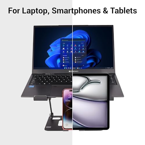 Image of ZEBRONICS NS3500, Foldable Laptop Stand, with Mobile Stand, Upto 17 inch Compatible, Multi-Angle Adjustment, Anti-Slip Silicone Pads, Carbon Steel Body, Anti-Rust, for Laptop, Smartphones and Tablets