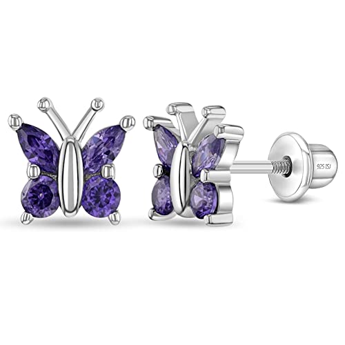 925 Sterling Silver Cubic Zirconia Butterfly Screw Back Earrings for Little Girls & Teens - Eye-catching and Fashionable Safety Stud Earrings - Sparkly and Elegant Jewelry for Girls