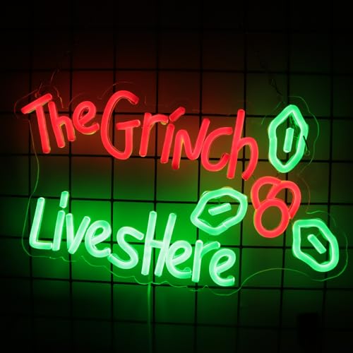 Image of The Grinch Live Here Neon Merry Christmas Neon Sign for Wall Decor Party Christmas Led Sign Window Decorations Winter Xmas Decor Wall Front Door Indoor Outdoor Decor