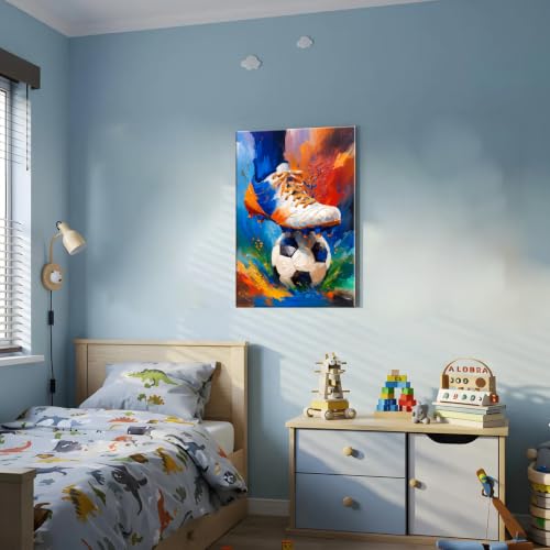 Image of Frimeeme Framed Soccer Canvas Decor & Wall Art, 12 inchX16 inchIn | for Modern Artwork Home Decor Bedroom Boys Room Teen Kids Playroom,Ready To Hang