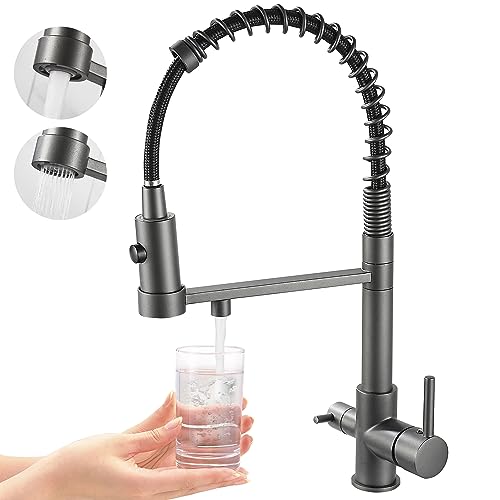 2 en 1 Grifo de Fregadero de Grifo de Cocina 3 Vías con Ducha extraíble, 360° Grifo Monomando de Cocina para Filtro de Agua, grifo de purificador de agua potable(Gris)