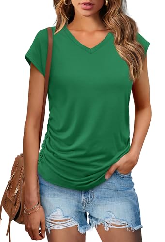 WIHOLL Womens Summer Tops Dressy Casual Cap Sleeve T Shirts for Women V Neck Ruched Tops Basic Tank Fashion Trendy
