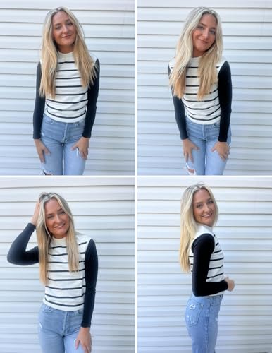 Image of Zeagoo Women's 2024 Mock Turtle Neck Sweater Vest Sleeveless Knit Pullover Tank Tops Casual Trendy Slim Fitted Shirts, Large, Stripe White