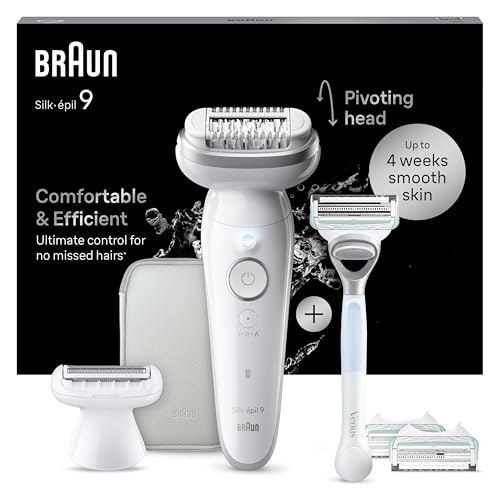 Braun Epilateur Electrique Femme Silk-épil 9, blanc, tête pivotante, étanche, coffret avec sabot tondeuse, rasoir maillot Gillette Venus, 2 recharges de...