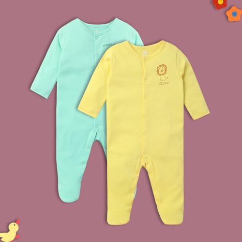 Image of miniklub Baby Front Open Long Sleeve Full Length Knitted Cotton Sleep Suit (Yellow Color)