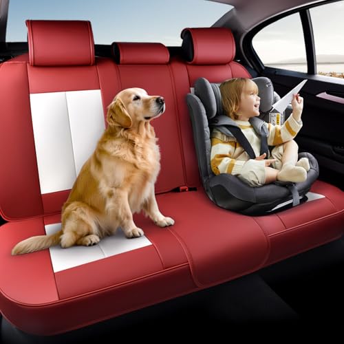 Image of Coverado Leather Rear Seat Covers for Cars, Faux Leather Car Seat Covers Backseat, Waterproof Back Seat Cover for Dogs, Universal Automotive Seat Covers Backseat Seat Cushion Protector, Red&White