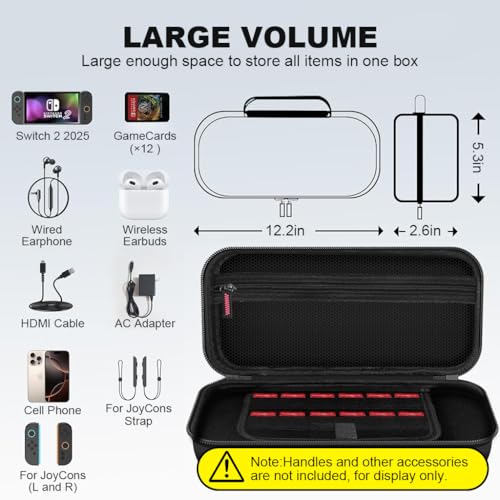 Image of ZORBES Travel Carrying Case for Nintendo Switch 2 2025, Large Volume Accessories Bundle Holder, 2 Screen Protector, Hard Protective Cover Estuche Funda with 12 Game Cards, Black
