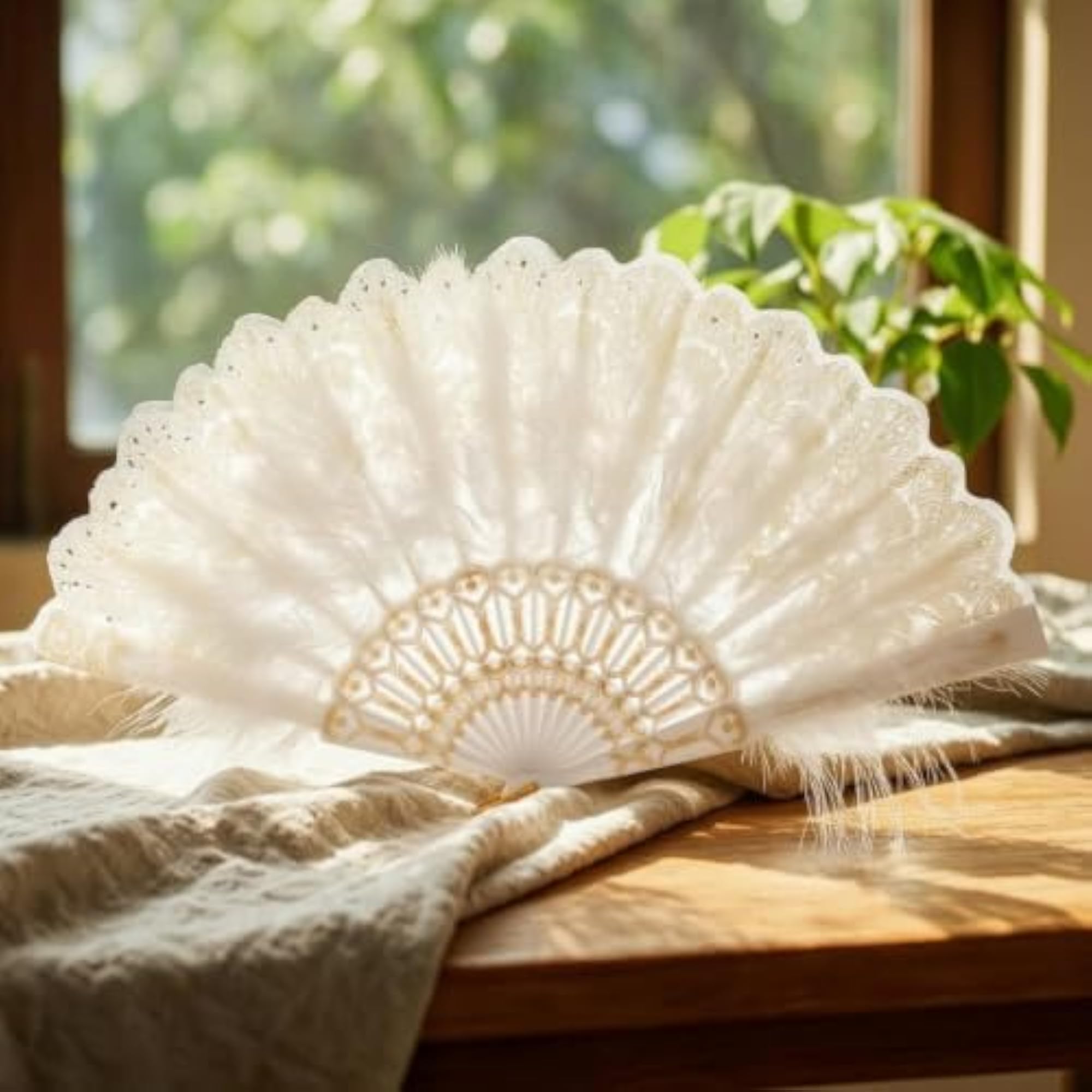 Decorative Folding Hand Fan with Feathers, Lightweight for Dancers