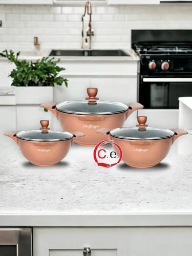 CasseseShop Tris casseruole pitonate in pietra lavica con coperchio in vetro Cheffinger (Rame)