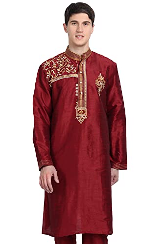 Image of Amazon Brand - Anarva Men Art Silk A-Line Kurta Embroidered Long Kurta
