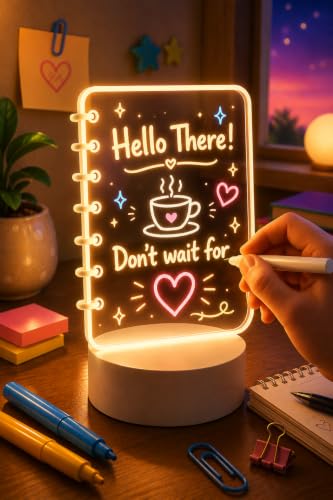 Image of Light-Up Acrylic LED Writing Message Board | Rewritable Spiral Notebook Design, Memo Pad Lamp, Desk Light, For Notes, Reminders, Quotes & Home Decor
