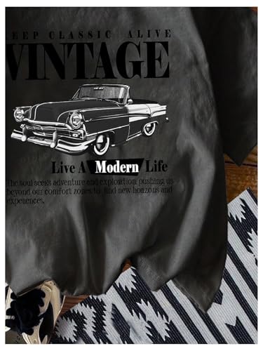 Image of RoseSeek Women's Graphic Letter Tee Crew Neck Drop Shoulder Trendy Summer T Shirt Short Sleeve Vintage Car Print Top
