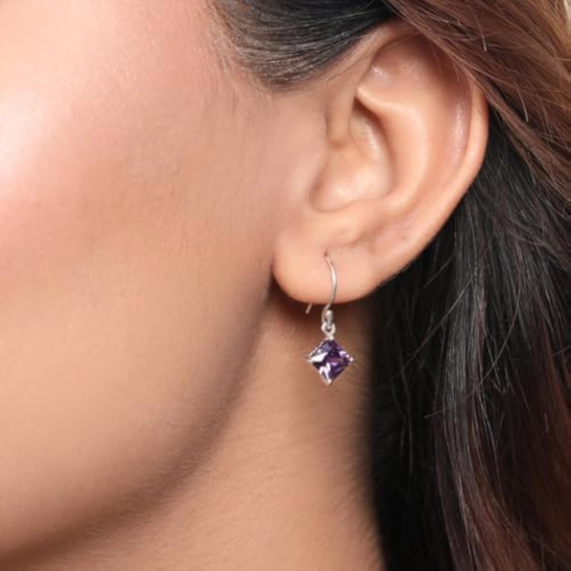 925 Silver Purple CZ Rhodium Fish Hook Earrings Hallmark