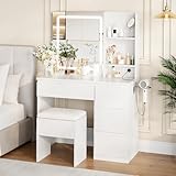 Vanity Desk with Mirror and LED Light, Vanity Desk with 4 Drawers, Power Outlet, Storage Stool, Storage Shelves & Hair Dryer Holder, Adjustable 3 Lighting Mode, Makeup Vanity Set for Bedroom, White