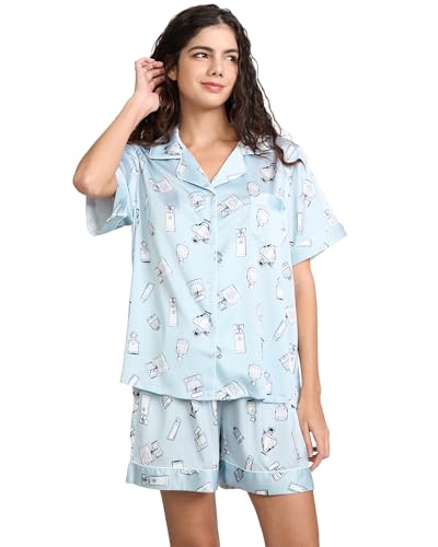 Image of YiNi LuLu Womens Silk Satin Shorts Pajamas Set Button Down 2 Piece Pjs Short Sleeve Oversized Sleepwear with Pockets