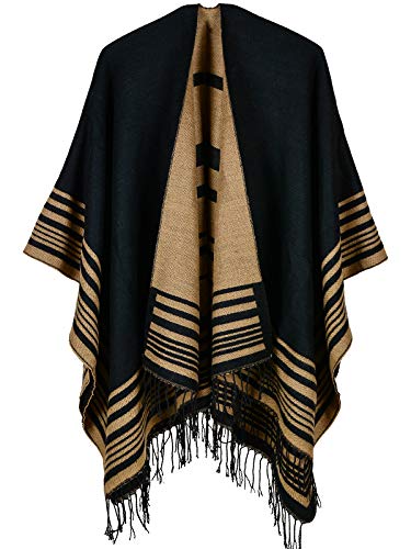 KirGiabo Women's Shawl Wraps Poncho Cape,Black Brown Tassel