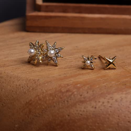 Sonateomber Pointed Angle Star Pearl Tiny Stud Earring Set For Women,3 Pairs Small Cute Gold Plated 925 Sterling Silver Post Hypoallergenic Studs Jewelry Girls Christmas Gift #TOP4