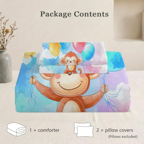 Edredón de 7.5 tog con diseño de mono y globos reversible con 2 fundas para cama King 8
