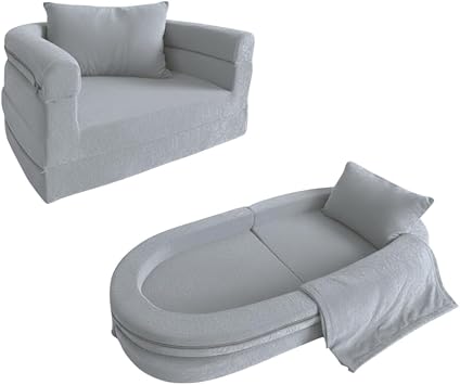 Wonder Space Kids Foam Couch with Blanket & Pillow, Pre-Assembled Toddlers 3-In-1 Convertible Sofa, Indoor Foadable Lounger Chair & Flip Open Floor Bed for Boys & Girls Grey