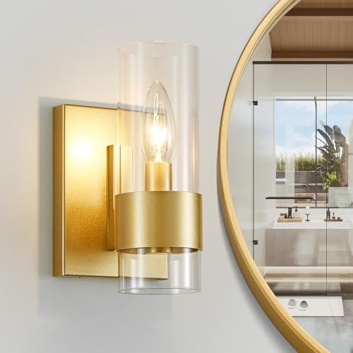 Image of WUZUPS Set of 2 1-Light Bathroom Wall Light Fixture Over Mirror Flat Class Shade Morden Vanity Scones for Bathroom Bedroom Living Room, E12 Base, Gold
