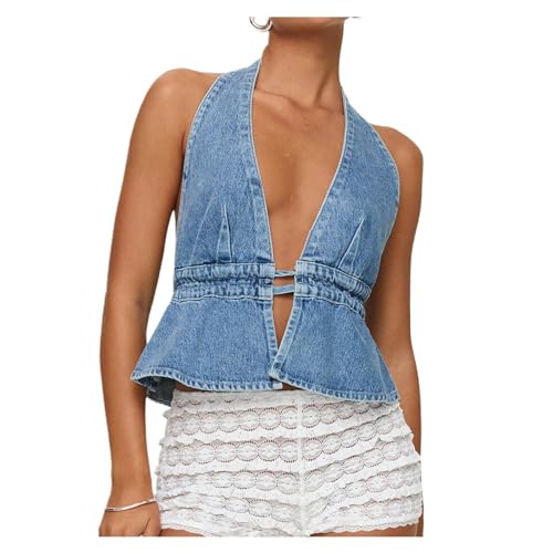 Women Sexy Halter Jean Vest Deep V Neck Denim Tie Vest Summer Backless Ruffle Denim Tank Top Streeetwear