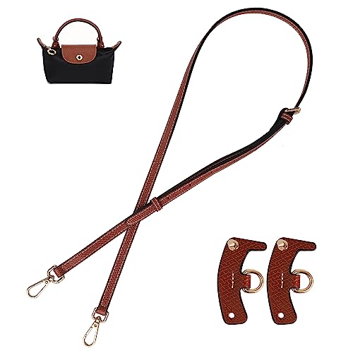Leather Purse Straps Replacement, Genuine Leather Shoulder Strap with Punch-Free Adapter Adjustable Replacement Strap for Handbag Crossbody Bag Purse for Mini Le PLIAGE (Brown)