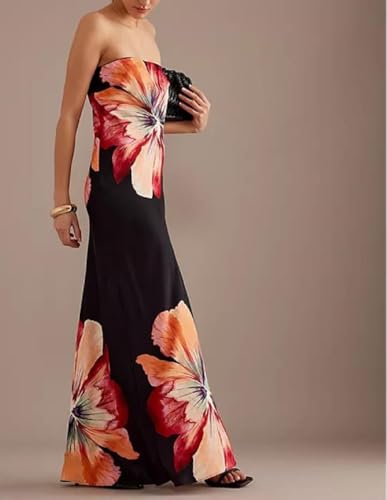 Image of Women Floral Strapless Maxi Dress Y2K Bodycon Tube Long Dresses Sexy Party Formal Cocktail Beach Slit Dress